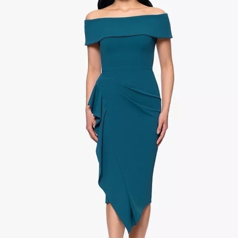 Betsy & Adam Off The Shoulder Midi Scuba Split Crepe Teal Dress Womens 4 NWT